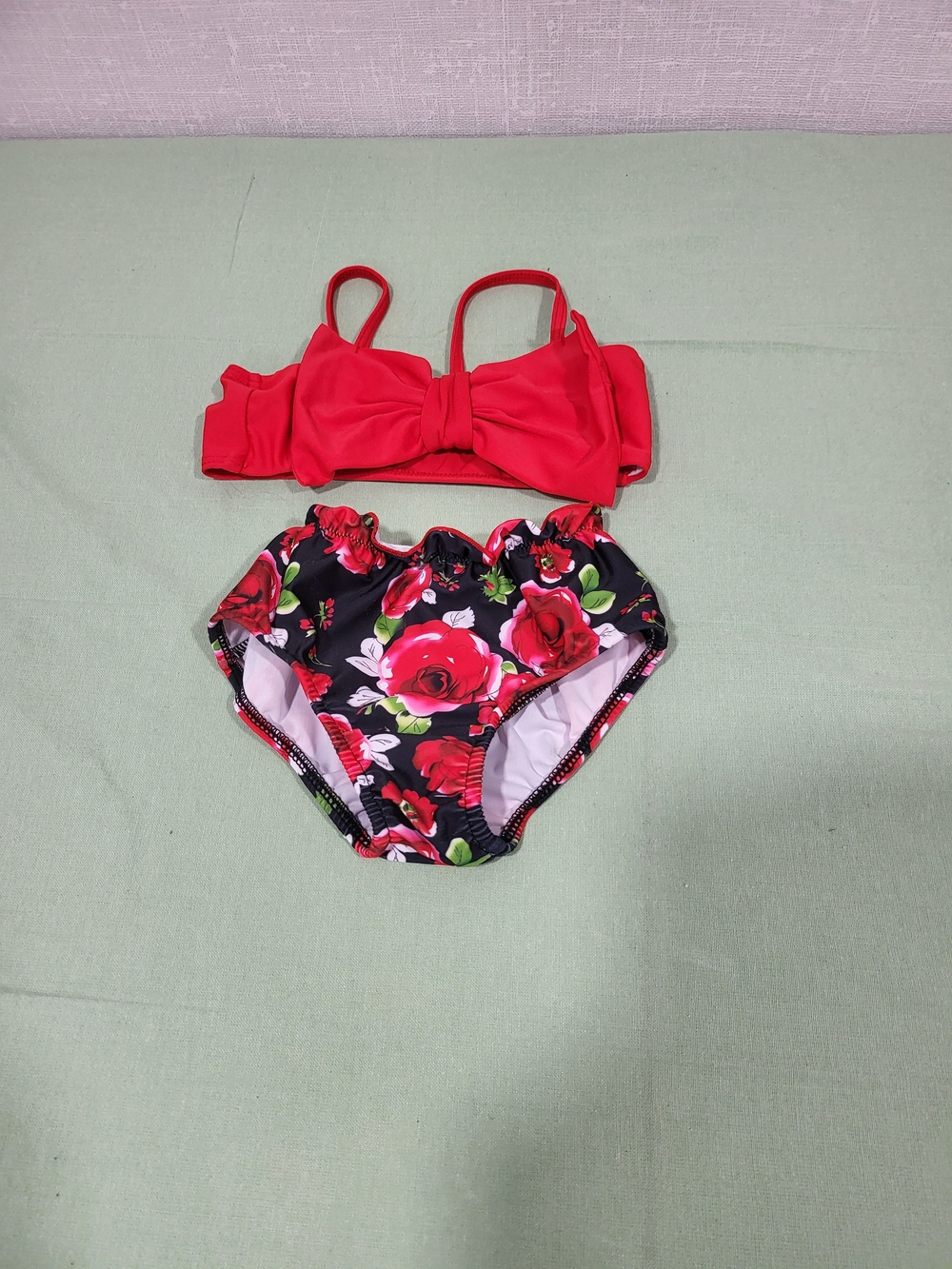 SHEIN Red Bow Bikini Top with Black Floral Bottoms